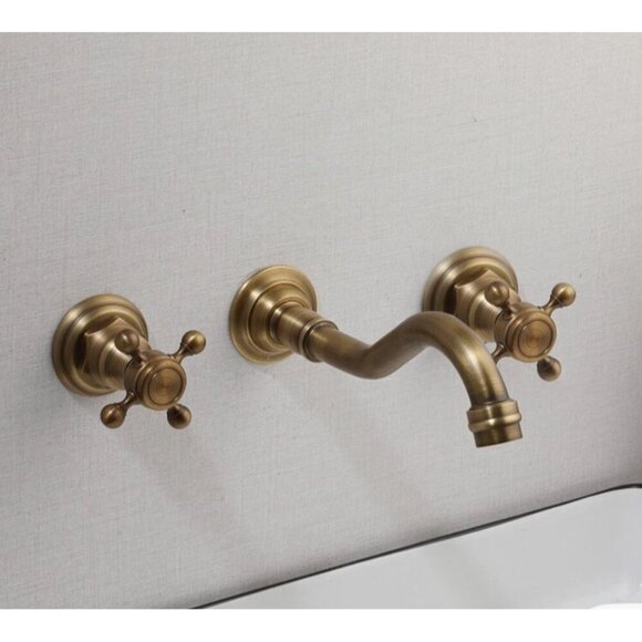 3 PCS Gold Brass Bathroom Faucet Wall Mounted Mixer Dual Handles Vanity Tap NWOT - Picture 2 of 6